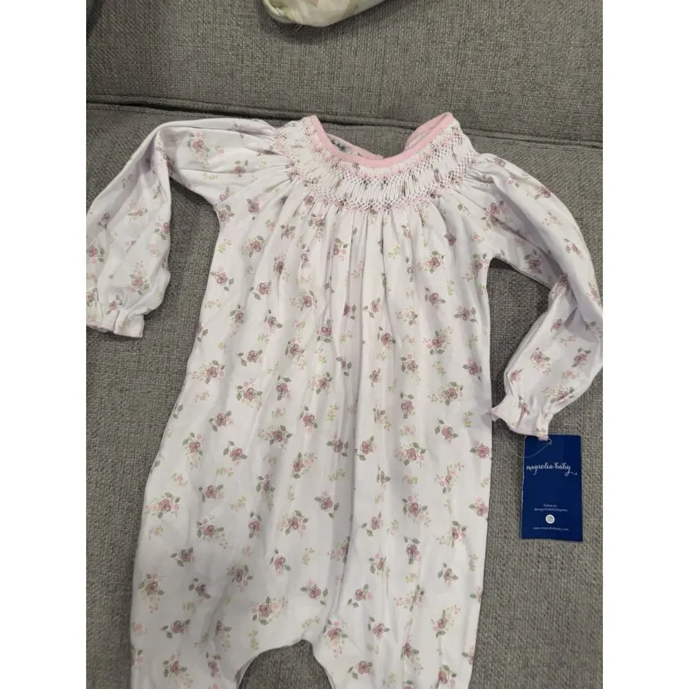 Magnolia Baby Smocked Bishop Style Long Sleeve Fleoal Romper 9 Months NWT $62